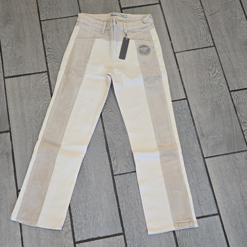 Tractr Womens Corduroy Colorblock Straight Leg Pants Tan Cream Garment Dyed 6/28
